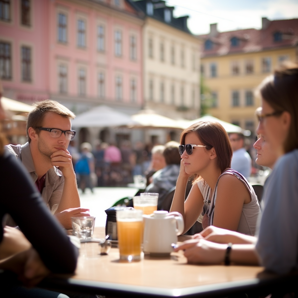 First Generated Image of the Prompt “a photo of at a cafe in a European town square, low angle, telephoto lens” 