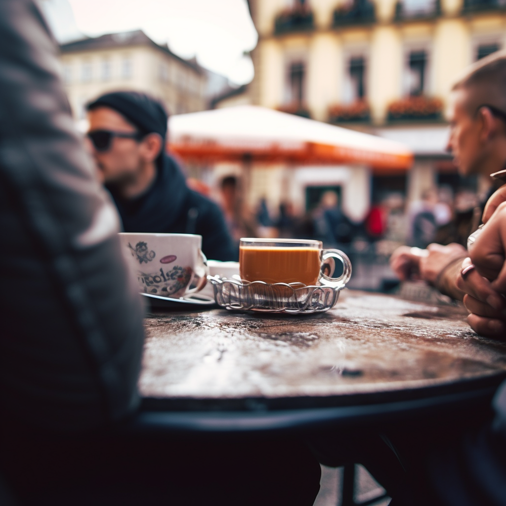 Second Generated Image of the Prompt “a photo of at a cafe in a European town square, low angle, telephoto lens”