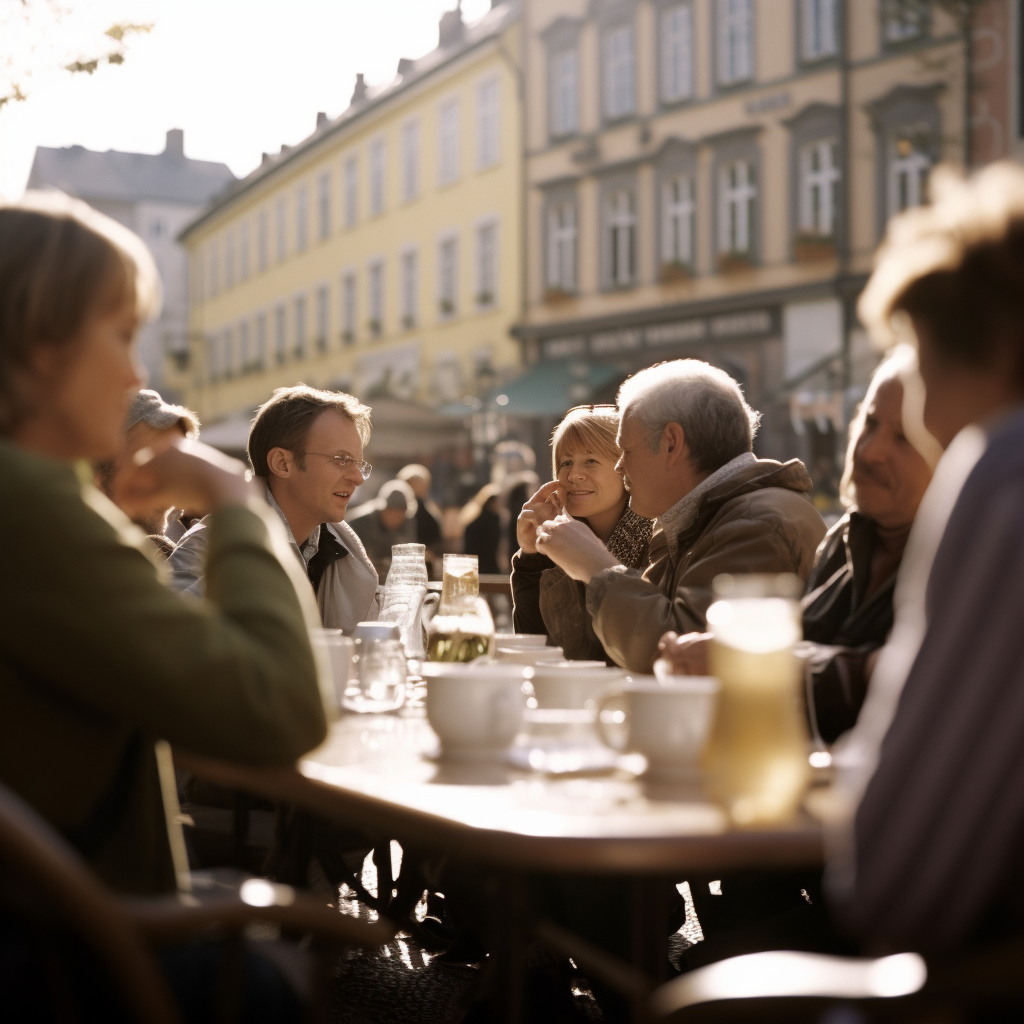 Third Generated Image of the Prompt “a photo of at a cafe in a European town square, low angle, telephoto lens”