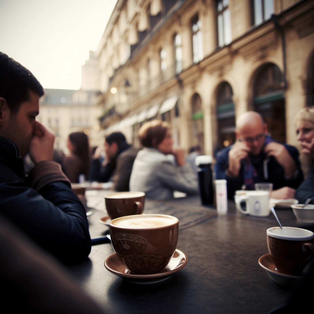 Fourth Generated Image of the Prompt “a photo of at a cafe in a European town square, low angle, telephoto lens”